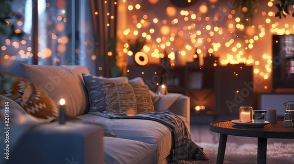 Fototapeta A cozy scene of a cozy corner in a cozy living room, with a defocused backdrop of gently glowing particles