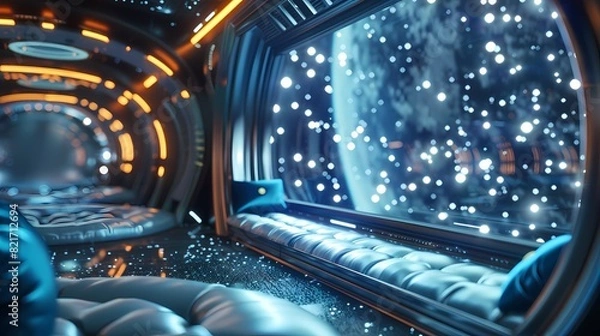 Fototapeta A cozy scene of a cozy corner in a futuristic spaceship, with a defocused backdrop of gently glowing particles