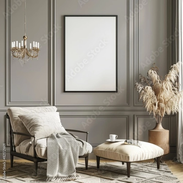 Fototapeta Elegant Modern Living Room Interior with Comfortable Armchair and Blank Wall Art Frame. Vertical white picture mock up with space for text.