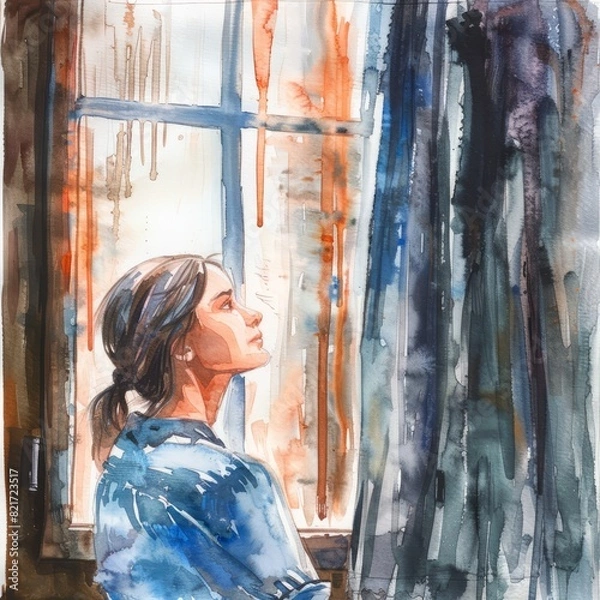 Fototapeta Watercolor painting of a woman looking out a rain-streaked window, waiting in vain for a lover who will never return, on isolated white backgro, Generative AI