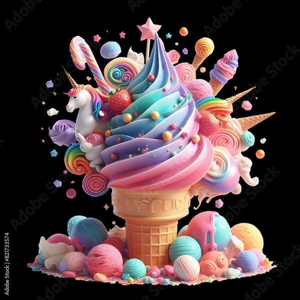 Fototapeta Ice cream in the center of the image  fantasy many colors black background