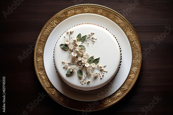 Fototapeta Top view of simple wedding cake in plate