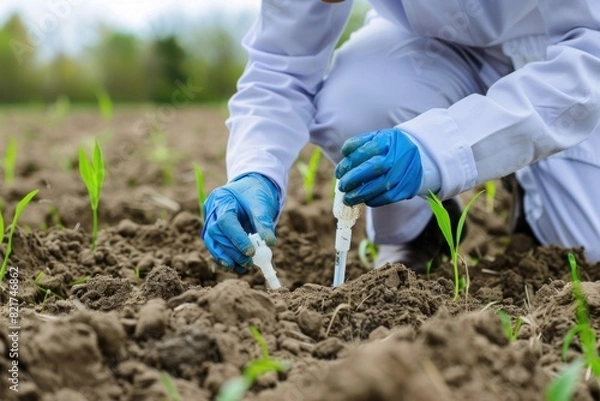 Fototapeta A scientist in white lab coat and blue gloves measures soil quality in a field with young plants.