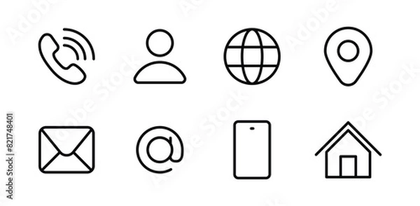 Fototapeta Business card icon set in line style. Contact information, Home, Phone, Location, Address, Website, mail, fax, user simple black style symbol sign for apps and website, vector illustration.