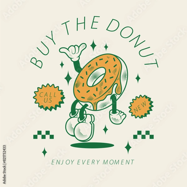 Fototapeta Groovy Cartoon Cute Donut Character Vintage Style