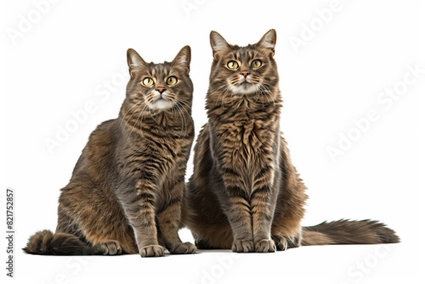 Obraz  Adorable male and female Shorthair cats, sitting up and laying down facing front together. Looking straight to camera. Isolated on a white.