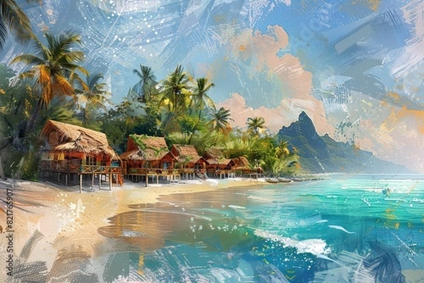 Fototapeta A painting depicting a tropical beach with bungalows along the shore and a clear azure sea under a blue sky.