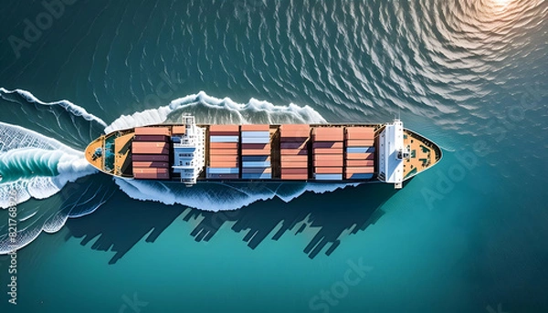 Fototapeta a hyper-realistic top-view image of a cargo ship navigating through the vast, blue ocean, highlighting its journey and the expanse of water around it