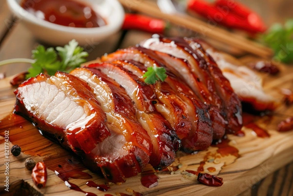 Obraz Glazed Char Siu Pork Slices on Wooden Board with Sauce and Garnish