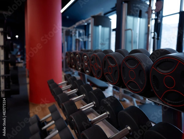 Fototapeta Row heavy dumbbells for bodybuilding physical exercises on rack in gym