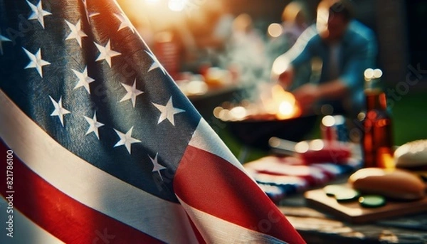 Fototapeta American flag with blurred group enjoying summer barbecue, symbolizing patriotism and festive spirit