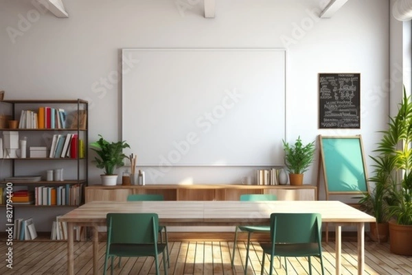Fototapeta Blank poster on a whiteboard in a modern classroom, educational materials around