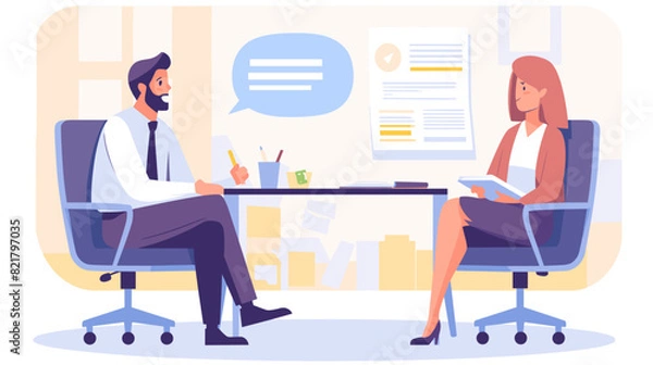 Fototapeta a man and a woman sitting in chairs facing each other. The man is wearing a suit and tie, and the woman is wearing a business suit. it appears that they are having a job interview.