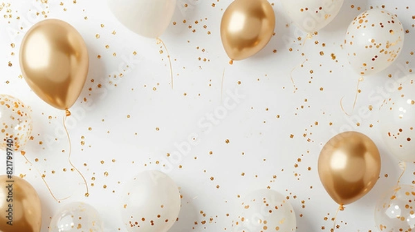 Obraz Golden balloons with confetti and ribbons.Party balloon on white background. Wedding postcards.Festive background with golden balloons and scattered golden confetti.