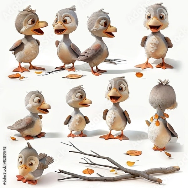 Fototapeta Little Gadwall Bird Cute character multiple posses and expression children's book illustration style