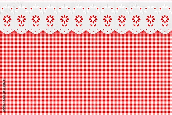 Obraz Openwork embroidery on checkered red pattern background