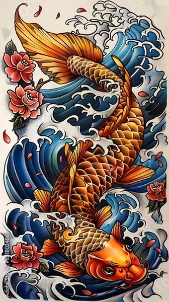 Fototapeta 
fancy koi Draw beautiful lines, Japanese style tattoo designs, brutal, beautiful fish, combined with water patterns, lotus flowers, tattoos.
color