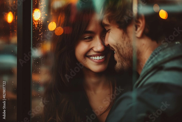 Obraz Couple in love smiles and enjoys a romantic moment behind glass