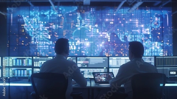 Obraz Telecommunications System Control Monitoring Room with Neural Network on Big Screen. Project Manager and Computer Science Engineer Using Digital Tablet Computers.