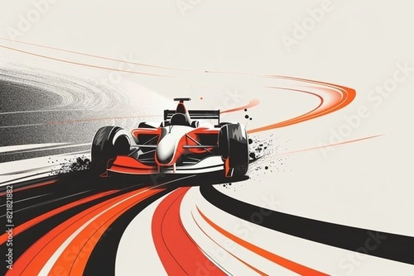 Obraz A minimalist F1 race car poster featuring sharp geometric shapes and flat colors. The car, rendered in intricate detail, dominates the composition with red and white stripes creating a dynamic backgro