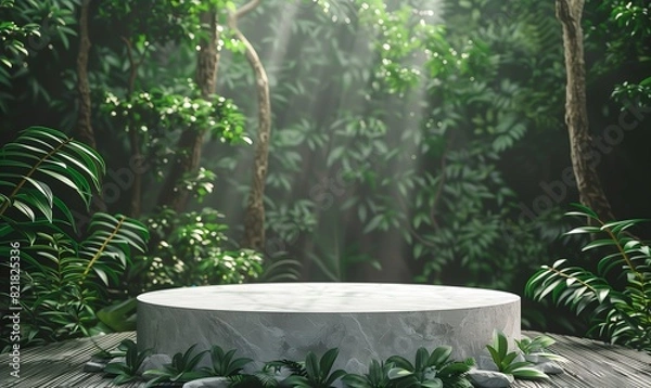 Fototapeta Tropical environment 3D podium background, minimalist 3D podium, environment background, mockup, forest tropical leaves,