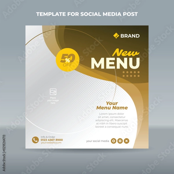 Fototapeta Square social media post template with transparent brown curve on the top right side of a white background. Suitable for product promotion or product launches
