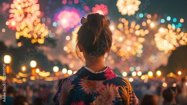 Obraz 花火大会を観る若い女性の後ろ姿