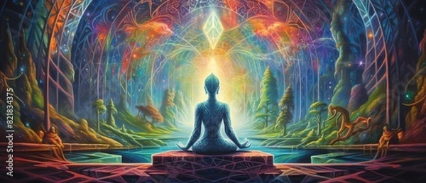 Fototapeta illustration of higher yoga relax chill out dmt visions spirit 7 colored chakras meditation dmt hallucinations multiverse connected through a nervous system trippy psychedelic