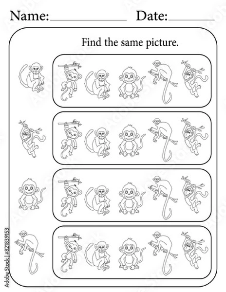 Fototapeta Monkey Puzzle. Printable Activity Page for Kids. Educational Resources for School for Kids. Kids Activity Worksheet. Find Similar Shape