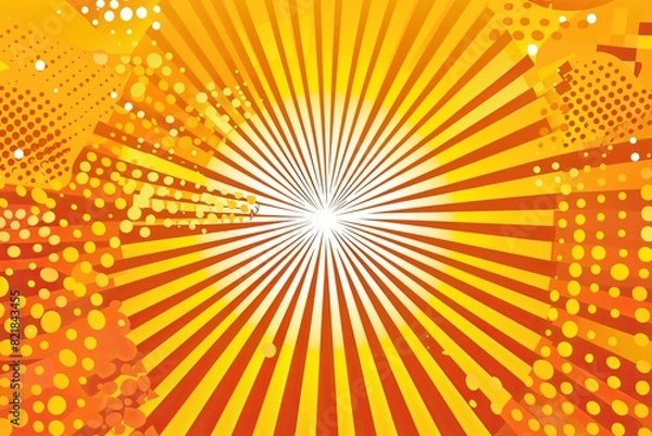 Fototapeta Abstract orange background with halftone dots and rays in the style of pop art