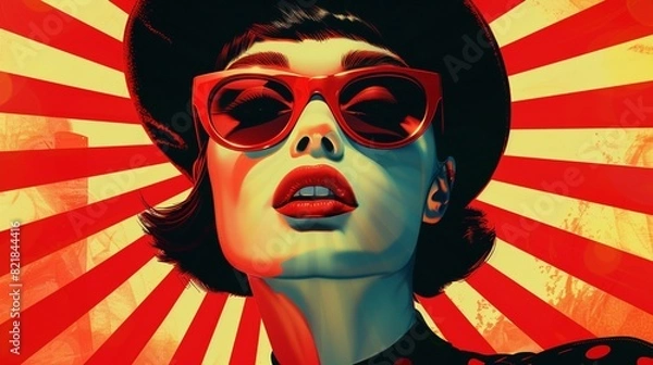 Fototapeta A retro-inspired pop art portrayal of a woman in sunglasses and a beret, with exaggerated features and bold, graphic shapes, capturing the essence of 1960s glamour.