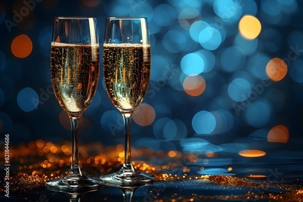 Fototapeta Romantic Toast with Champagne Glasses and Sparkling Bokeh Background for Celebrations and Special Occasions