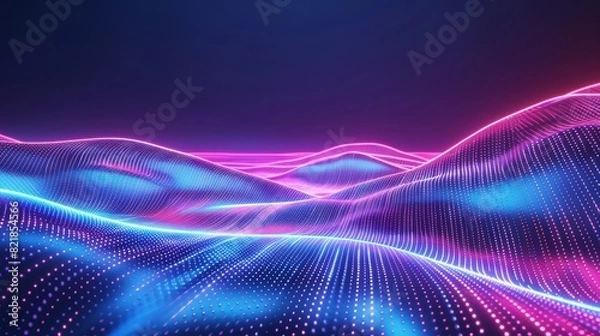 Fototapeta Abstract Neon Light Waves with Glowing Orange and Blue Dots in a Futuristic Digital Design

