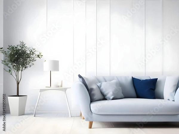 Fototapeta Living room with white blank wall white mockup. with pillow Oxford Blue Armchair. Scandinavian modern interior design. 3D rendering