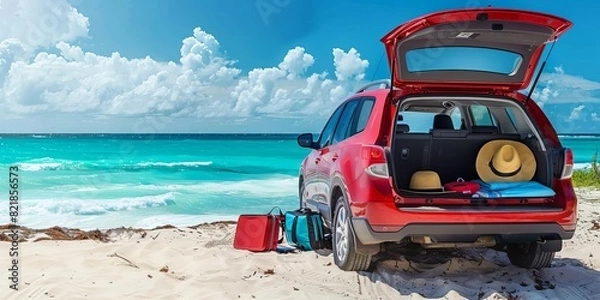 Obraz Red car parked on a beautiful sandy beach near turquoise sea with open trunk, luggage, and beach items, perfect for a summer vacation.