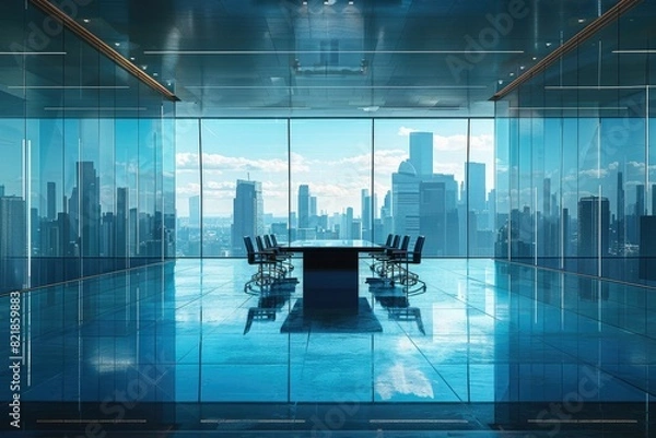 Obraz Business background, office meeting room with view of tall buildings.