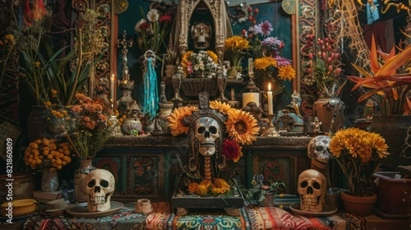 Fototapeta A gothic interior of a vampire castle of Transylvania, lit by candles and featuring an altar for satanic rites and human sacrifices. 3D illustration.
