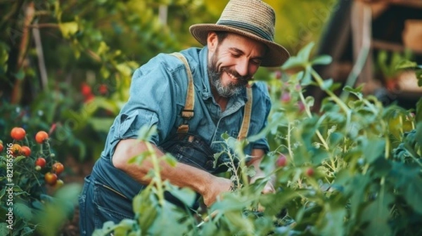 Fototapeta A man wearing a straw hat is picking ripe tomatoes in a garden