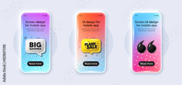 Fototapeta Phone 3d mockup gradient screen. Big savings tag. Special offer price sign. Advertising discounts symbol. Big savings phone mockup message. Flash sale chat speech bubble. Yellow text box app. Vector