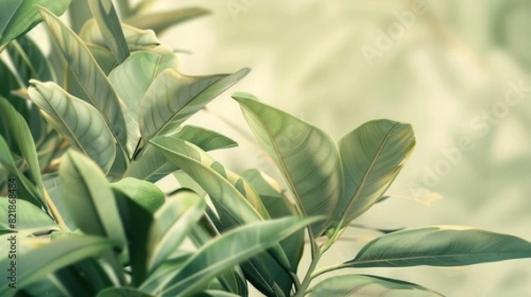 Obraz A calming arrangement of green tropical leaves with a soft gradient background, suitable for text or fabric design