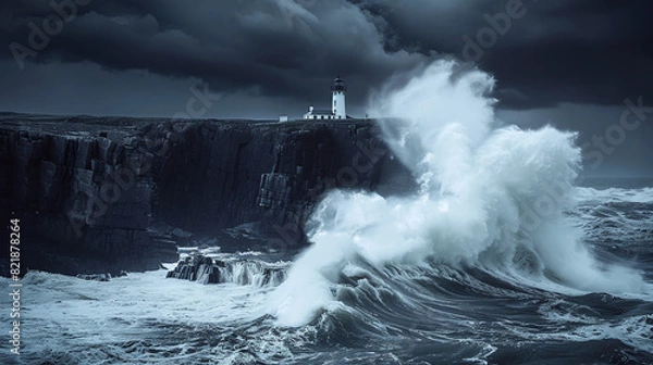 Fototapeta Giant water wave crashing into rock with lighthouse on top with sky background.