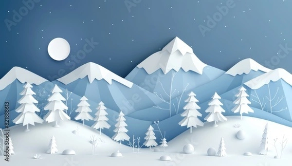 Fototapeta Abstract paper cut art of snowcovered mountains and trees, simple shapes, flat design, white color palette, vector illustration style.