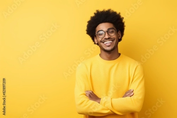 Fototapeta Portrait of a joyful afro-american man in his 20s with arms crossed while standing against pastel yellow background