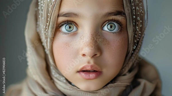 Fototapeta A young girl with striking green eyes and freckles, wearing a beige hijab, looking forward with an expression of awe and curiosity.