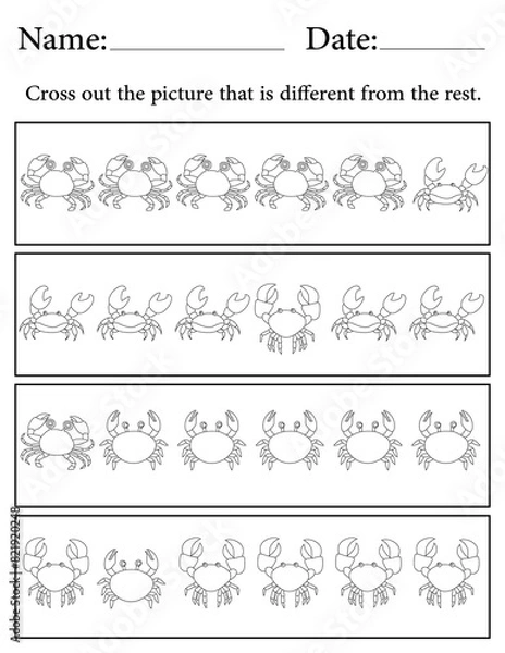 Fototapeta Crab Puzzle. Printable Activity Page for Kids. Educational Resources for School for Kids. Kids Activity Worksheet. Find the Different Object