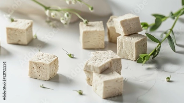Fototapeta Soy Bean curd tofu with greens on white background Non-dairy alternative substitute for cheese