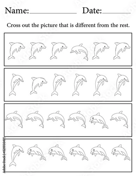 Fototapeta Dolphin Puzzle. Printable Activity Page for Kids. Educational Resources for School for Kids. Kids Activity Worksheet. Find the Different Object