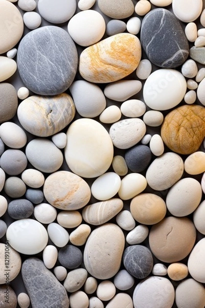 Fototapeta Tranquil zen rock garden with circular patterns in white sand seen from a top down perspective