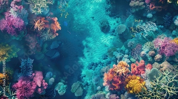 Fototapeta A top view of a vibrant coral reef with colorful marine life and crystal-clear water, providing a breathtaking underwater scene