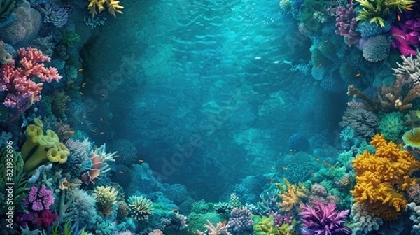 Fototapeta A top view of a vibrant coral reef with colorful marine life and crystal-clear water, providing a breathtaking underwater scene